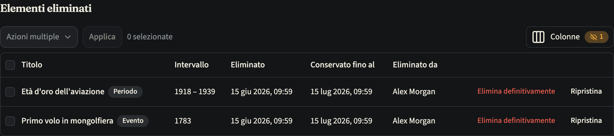 L'elenco «Elementi eliminati» di una linea temporale, con un periodo e un evento eliminati, ciascuno con la data di eliminazione, la data in «Conservato fino al», chi l'ha eliminato e i pulsanti «Elimina definitivamente» e «Ripristina»
