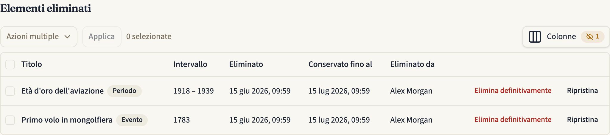 L'elenco «Elementi eliminati» di una linea temporale, con un periodo e un evento eliminati, ciascuno con la data di eliminazione, la data in «Conservato fino al», chi l'ha eliminato e i pulsanti «Elimina definitivamente» e «Ripristina»