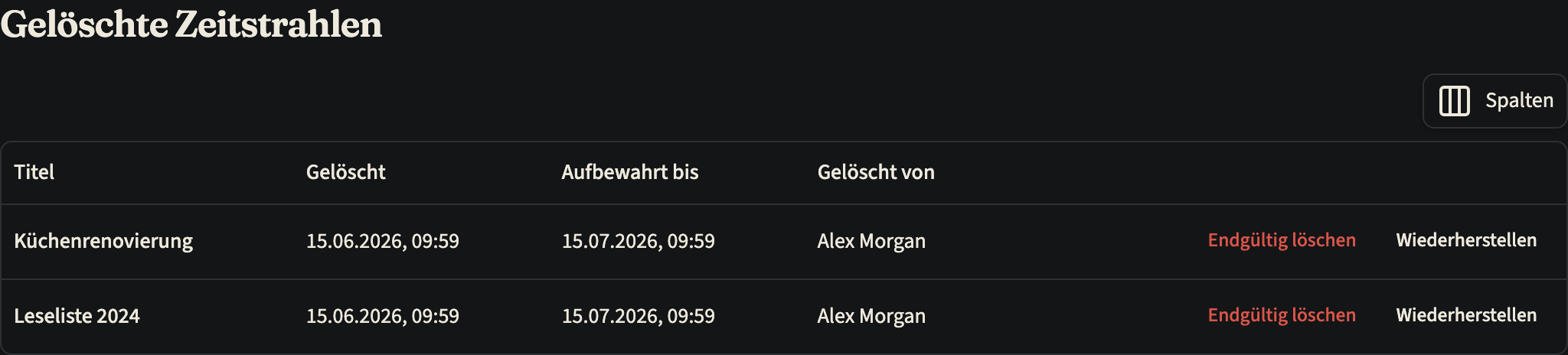 Die Seite „Gelöschte Zeitstrahlen“ mit zwei gelöschten Zeitstrahlen, jeweils mit Löschdatum, dem Datum unter „Aufbewahrt bis“, wer sie gelöscht hat, und den Buttons „Endgültig löschen“ und „Wiederherstellen“