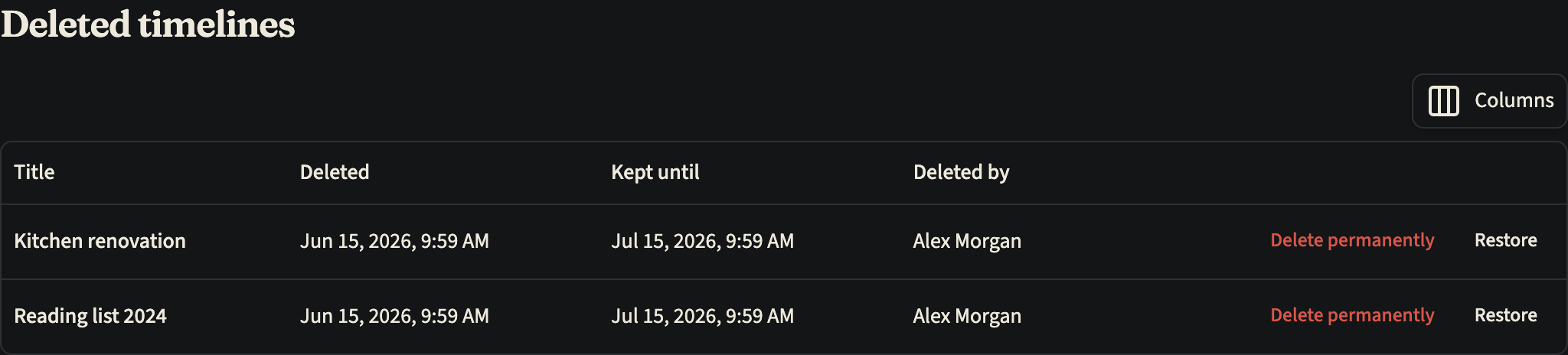 The Deleted timelines page listing two deleted timelines with the date each was deleted, its Kept until date, who deleted it, and Delete permanently and Restore buttons