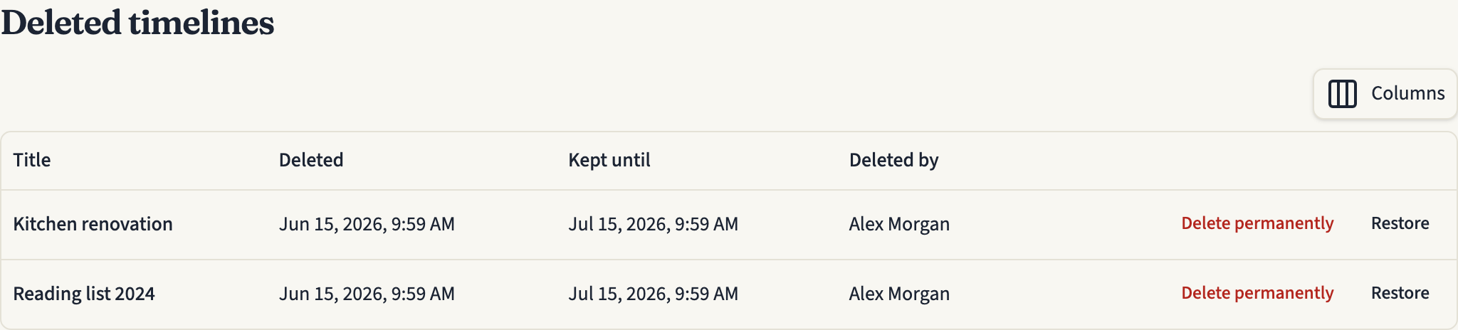 The Deleted timelines page listing two deleted timelines with the date each was deleted, its Kept until date, who deleted it, and Delete permanently and Restore buttons