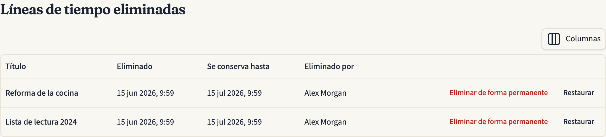 La página «Líneas de tiempo eliminadas» con dos líneas de tiempo eliminadas, cada una con su fecha de eliminación, la fecha de «Se conserva hasta», quién la eliminó y los botones «Eliminar de forma permanente» y «Restaurar»