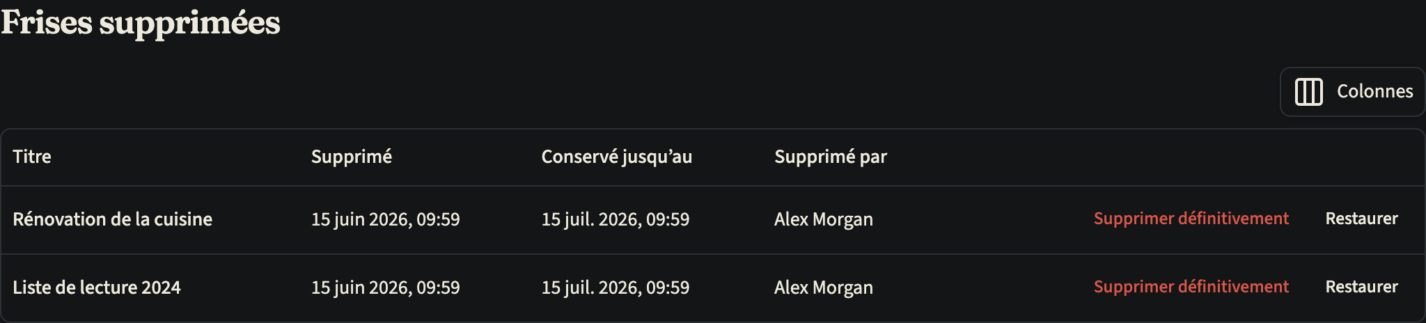 La page « Frises supprimées » avec deux frises supprimées, chacune avec sa date de suppression, sa date « Conservé jusqu’au », la personne qui l'a supprimée et les boutons « Supprimer définitivement » et « Restaurer »