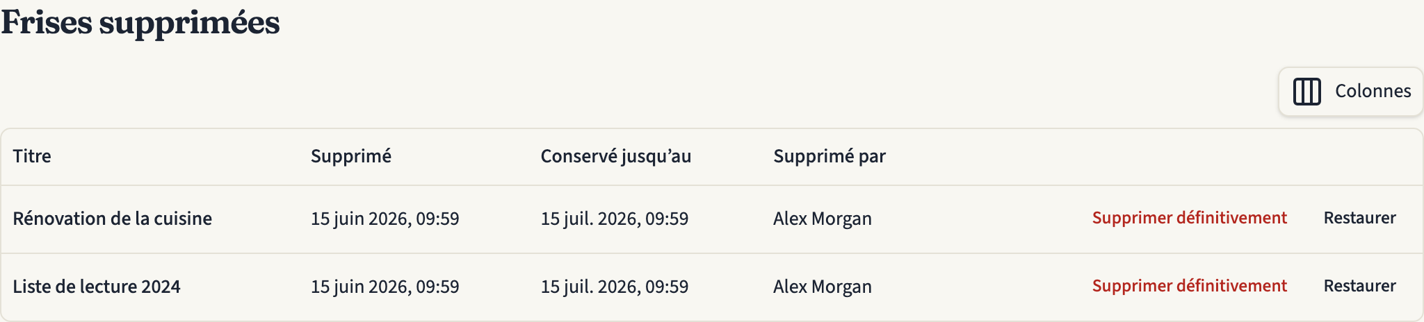 La page « Frises supprimées » avec deux frises supprimées, chacune avec sa date de suppression, sa date « Conservé jusqu’au », la personne qui l'a supprimée et les boutons « Supprimer définitivement » et « Restaurer »