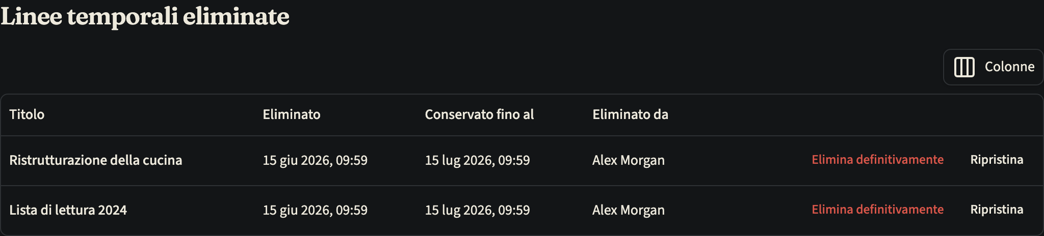 La pagina «Linee temporali eliminate» con due linee temporali eliminate, ciascuna con la data di eliminazione, la data in «Conservato fino al», chi l'ha eliminata e i pulsanti «Elimina definitivamente» e «Ripristina»