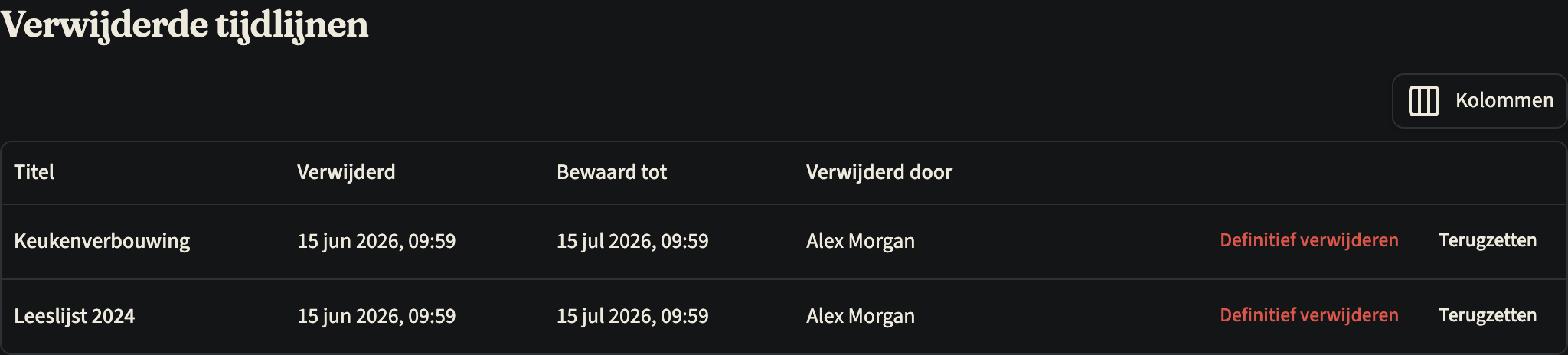 De pagina Verwijderde tijdlijnen met twee verwijderde tijdlijnen, elk met de datum van verwijderen, de datum onder Bewaard tot, wie hem heeft verwijderd en de knoppen Definitief verwijderen en Terugzetten