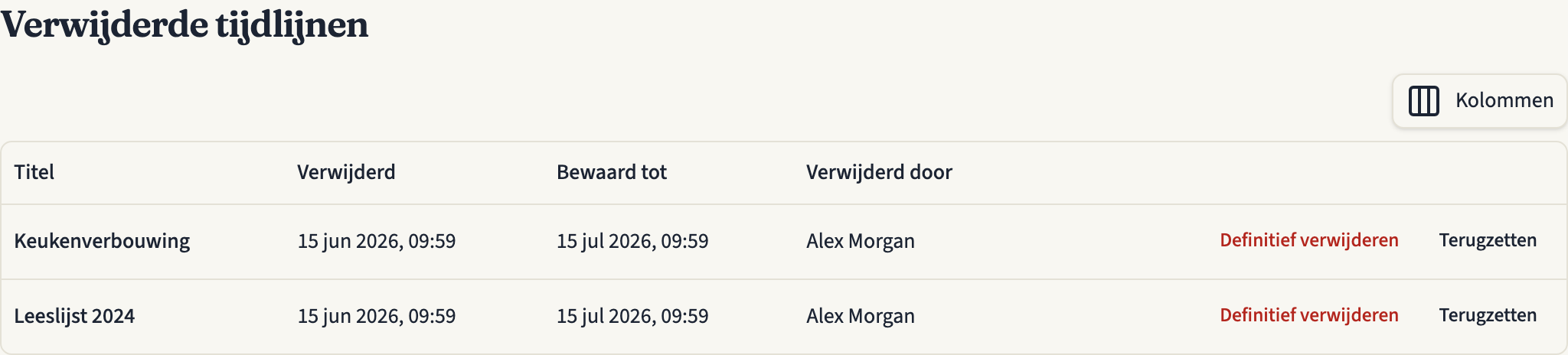 De pagina Verwijderde tijdlijnen met twee verwijderde tijdlijnen, elk met de datum van verwijderen, de datum onder Bewaard tot, wie hem heeft verwijderd en de knoppen Definitief verwijderen en Terugzetten