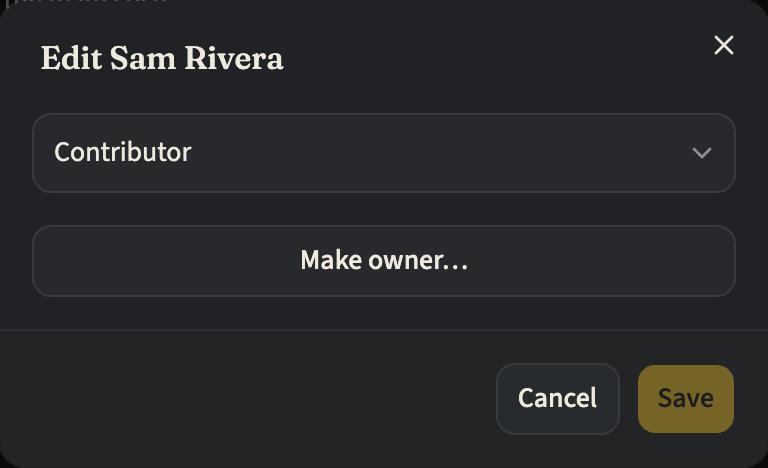 The Edit dialog for a team member, with their role set to Contributor, a Make owner… button, and Cancel and Save buttons