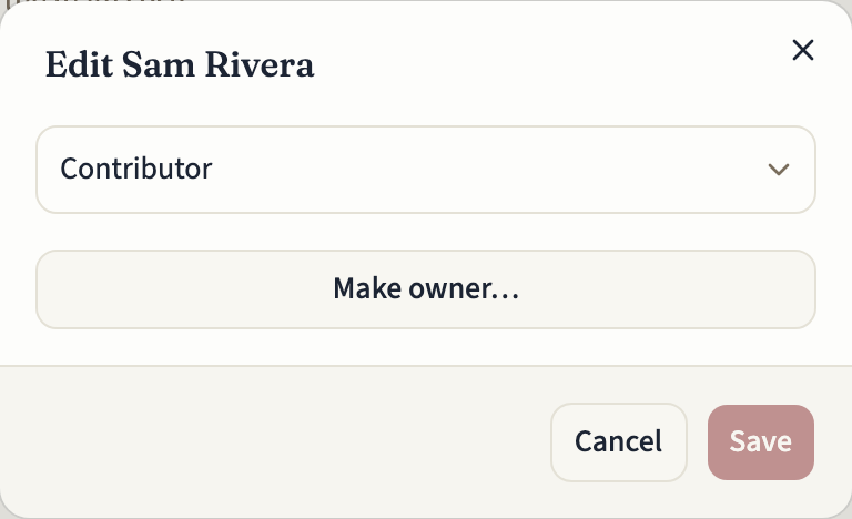 The Edit dialog for a team member, with their role set to Contributor, a Make owner… button, and Cancel and Save buttons