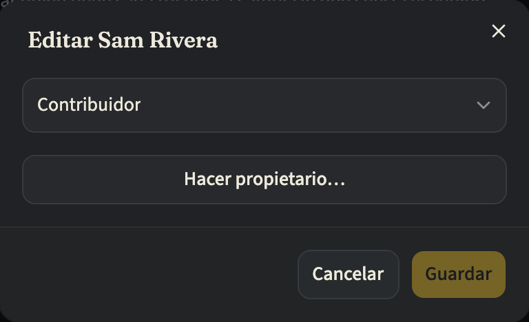 El cuadro de diálogo para editar a un miembro del equipo, con el rol Contribuidor, un botón «Hacer propietario…» y los botones «Cancelar» y «Guardar»