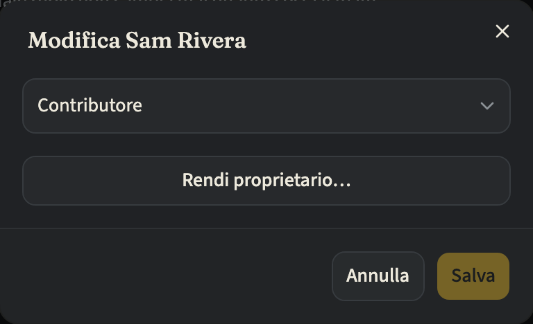 La finestra per modificare un membro del team, con il ruolo Contributore, un pulsante «Rendi proprietario…» e i pulsanti «Annulla» e «Salva»