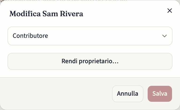 La finestra per modificare un membro del team, con il ruolo Contributore, un pulsante «Rendi proprietario…» e i pulsanti «Annulla» e «Salva»