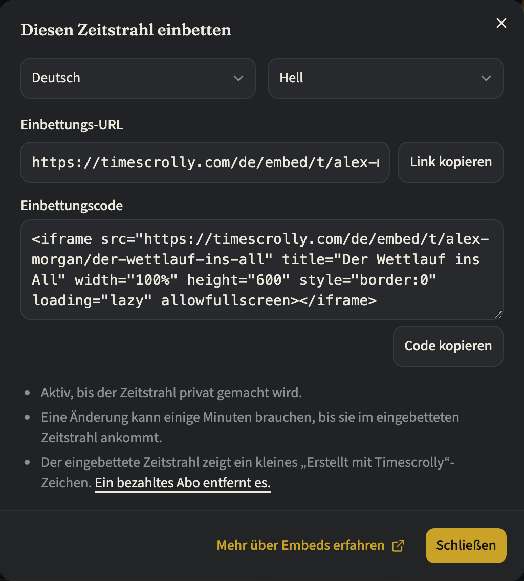Der Dialog „Diesen Zeitstrahl einbetten“ mit den Auswahlen für Sprache und Design, der Einbettungs-URL mit „Link kopieren“, dem Einbettungscode mit „Code kopieren“ und darunter Hinweisen, unter anderem zum Hinweis „Erstellt mit Timescrolly“