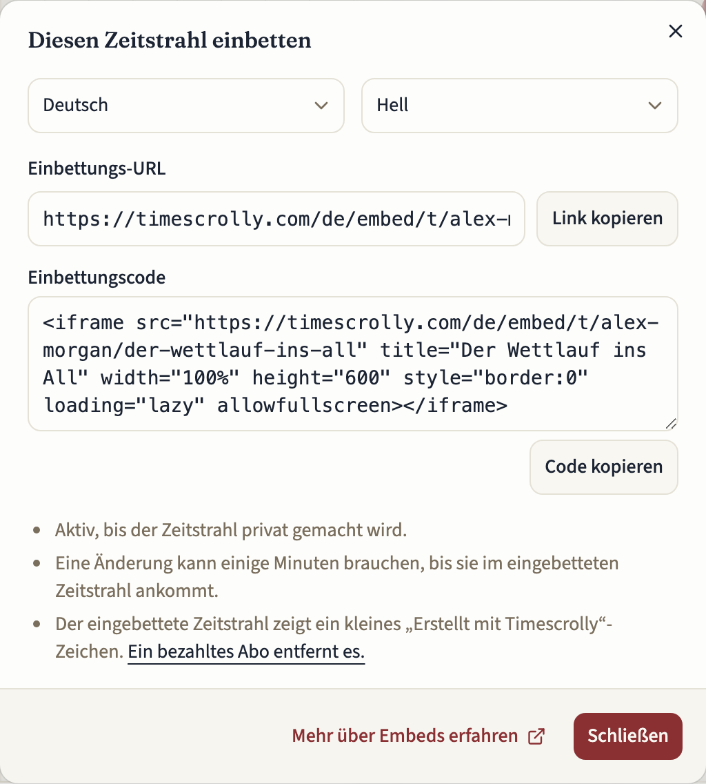 Der Dialog „Diesen Zeitstrahl einbetten“ mit den Auswahlen für Sprache und Design, der Einbettungs-URL mit „Link kopieren“, dem Einbettungscode mit „Code kopieren“ und darunter Hinweisen, unter anderem zum Hinweis „Erstellt mit Timescrolly“