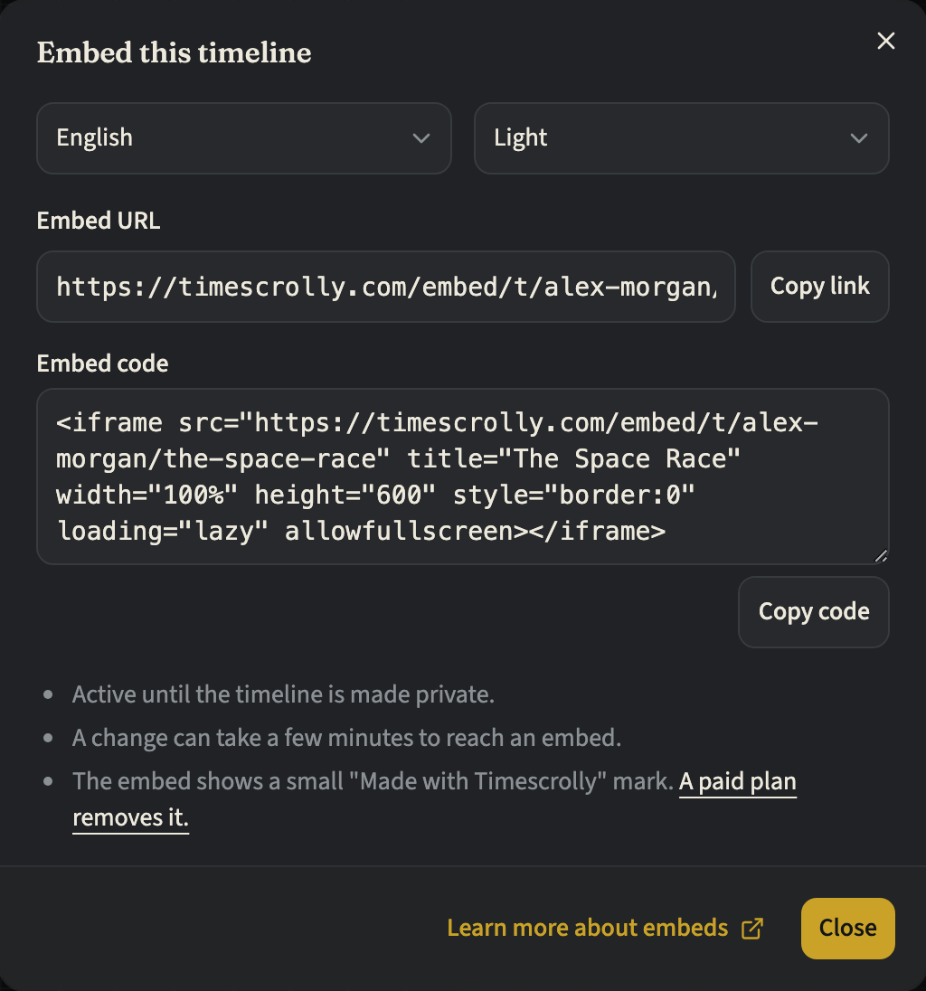 The Embed this timeline dialog with the language and theme selects, the embed URL with Copy link, the embed code with Copy code, and notes below them, including the Made with Timescrolly mark