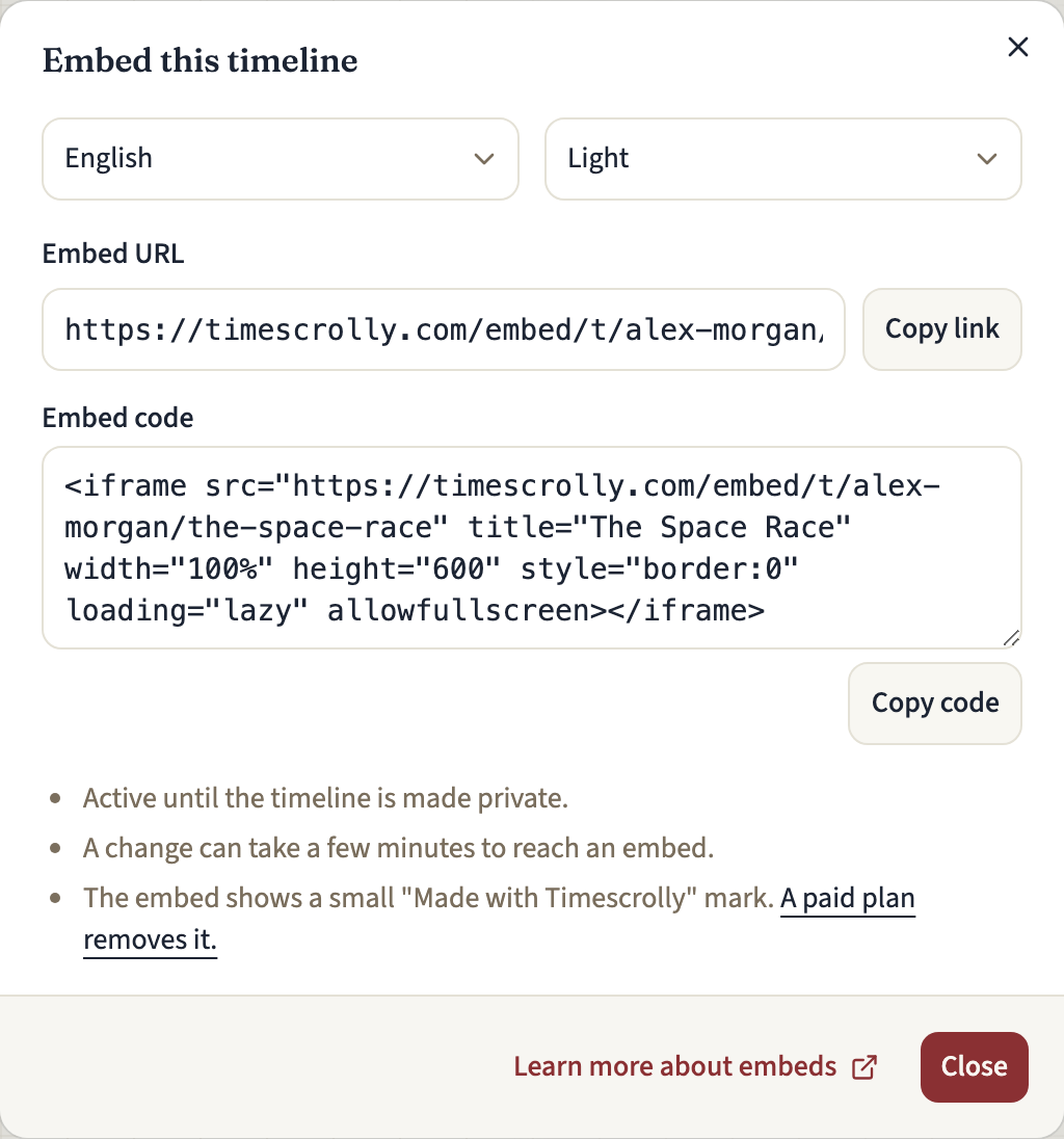 The Embed this timeline dialog with the language and theme selects, the embed URL with Copy link, the embed code with Copy code, and notes below them, including the Made with Timescrolly mark