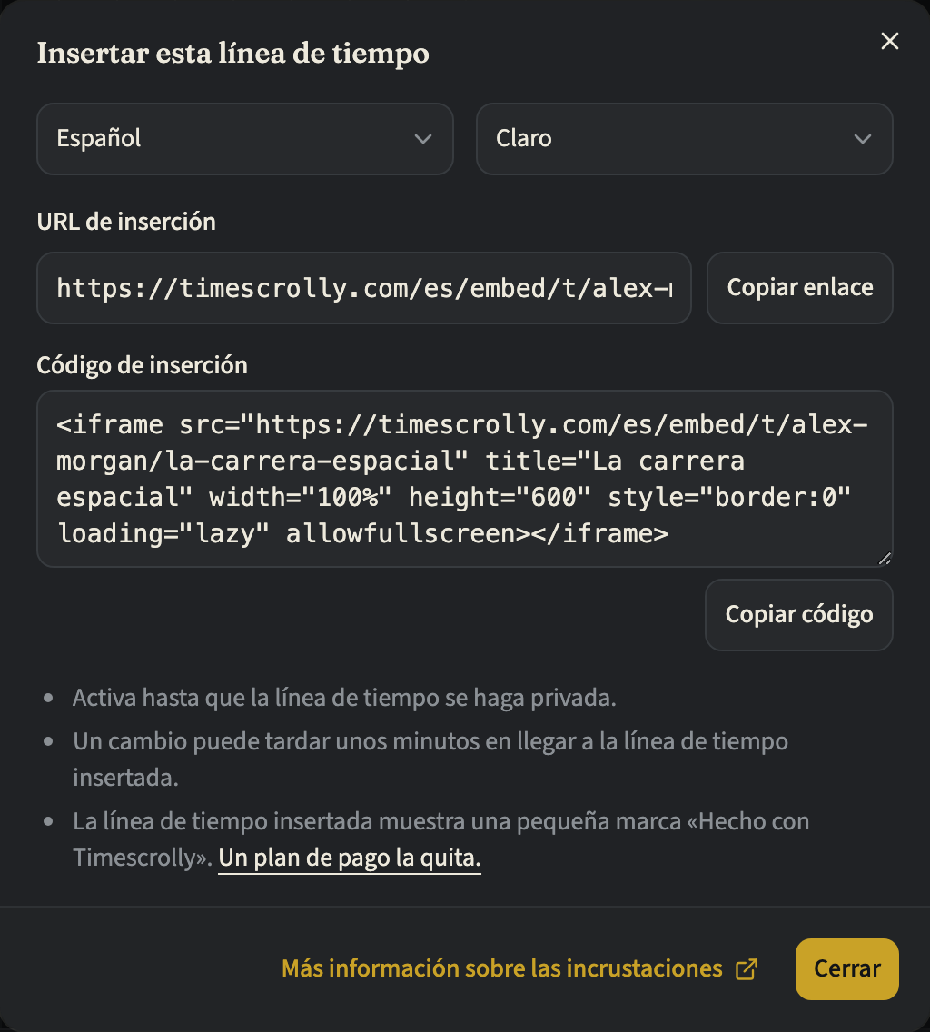 El cuadro de diálogo Insertar esta línea de tiempo con los selectores de idioma y tema, la URL de inserción con Copiar enlace, el código de inserción con Copiar código y, debajo, unas notas que incluyen la marca Hecho con Timescrolly
