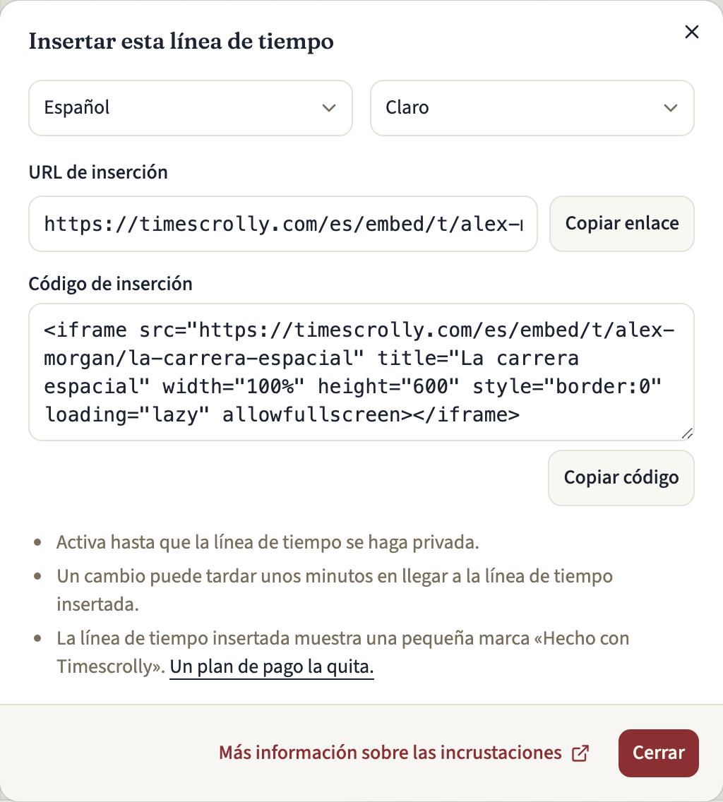 El cuadro de diálogo Insertar esta línea de tiempo con los selectores de idioma y tema, la URL de inserción con Copiar enlace, el código de inserción con Copiar código y, debajo, unas notas que incluyen la marca Hecho con Timescrolly