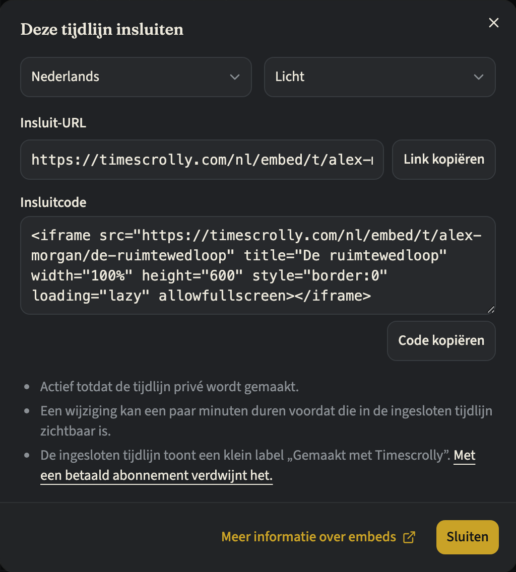 Het venster Deze tijdlijn insluiten met de keuzelijsten voor taal en thema, de insluit-URL met Link kopiëren, de insluitcode met Code kopiëren en daaronder opmerkingen, onder meer over het merkje Gemaakt met Timescrolly