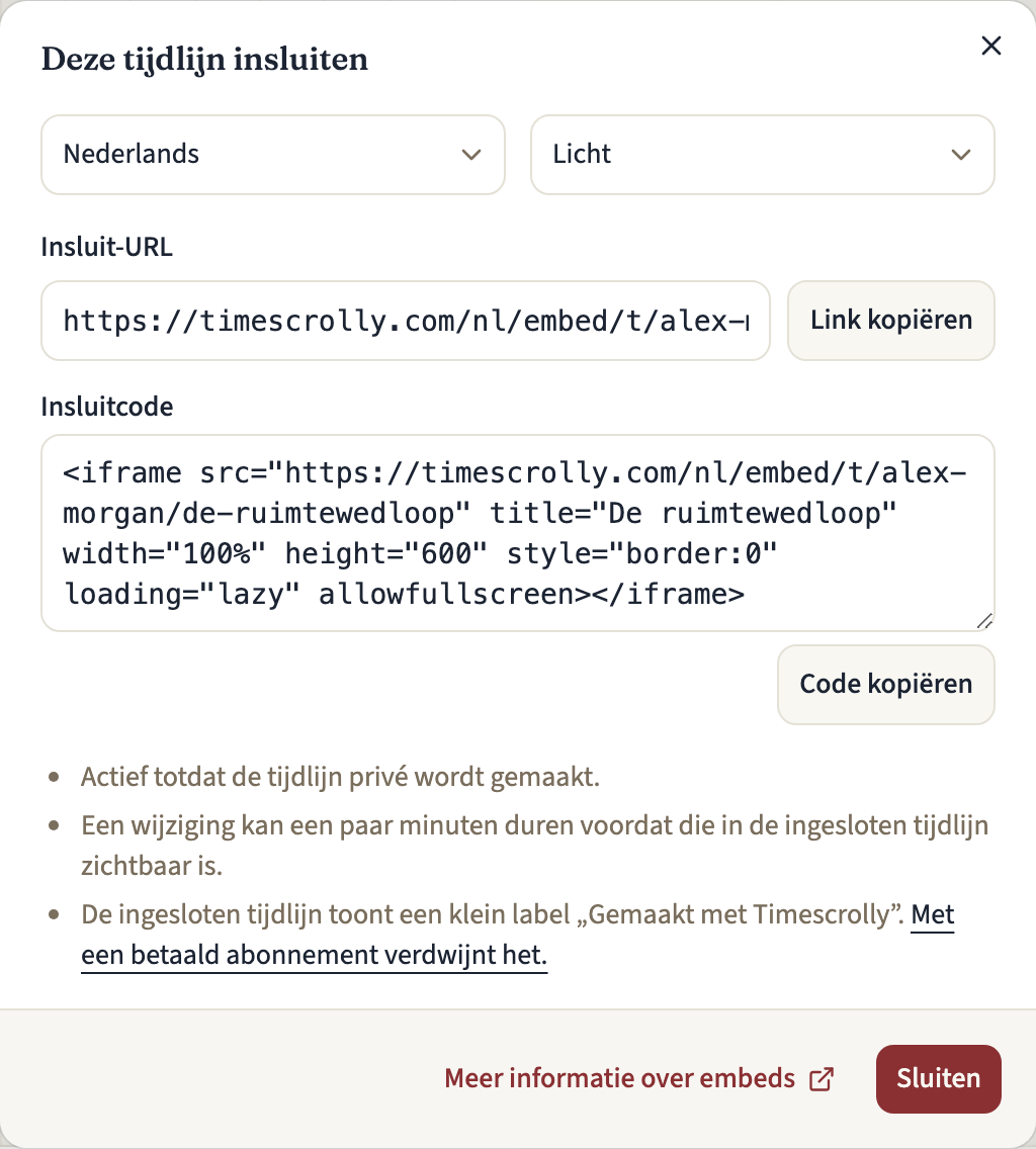 Het venster Deze tijdlijn insluiten met de keuzelijsten voor taal en thema, de insluit-URL met Link kopiëren, de insluitcode met Code kopiëren en daaronder opmerkingen, onder meer over het merkje Gemaakt met Timescrolly