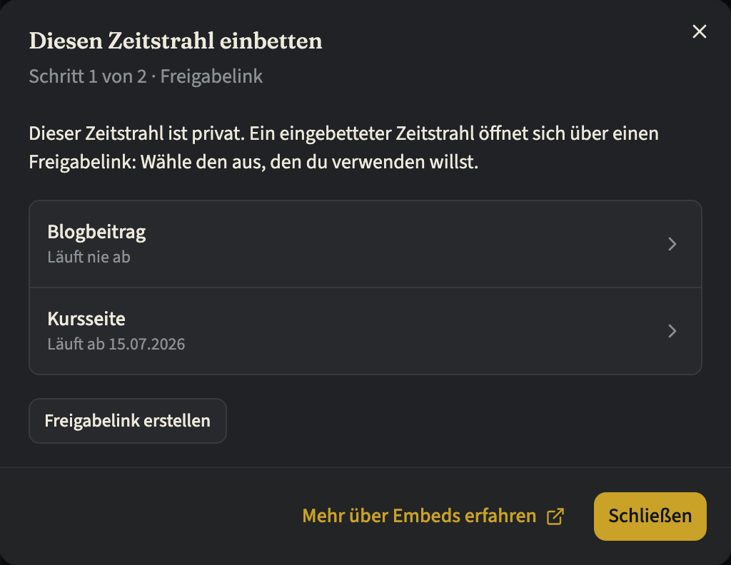 Schritt 1 von 2 im Dialog „Diesen Zeitstrahl einbetten“ für einen privaten Zeitstrahl: zwei Freigabelinks mit ihrem Ablaufdatum und der Button „Freigabelink erstellen“
