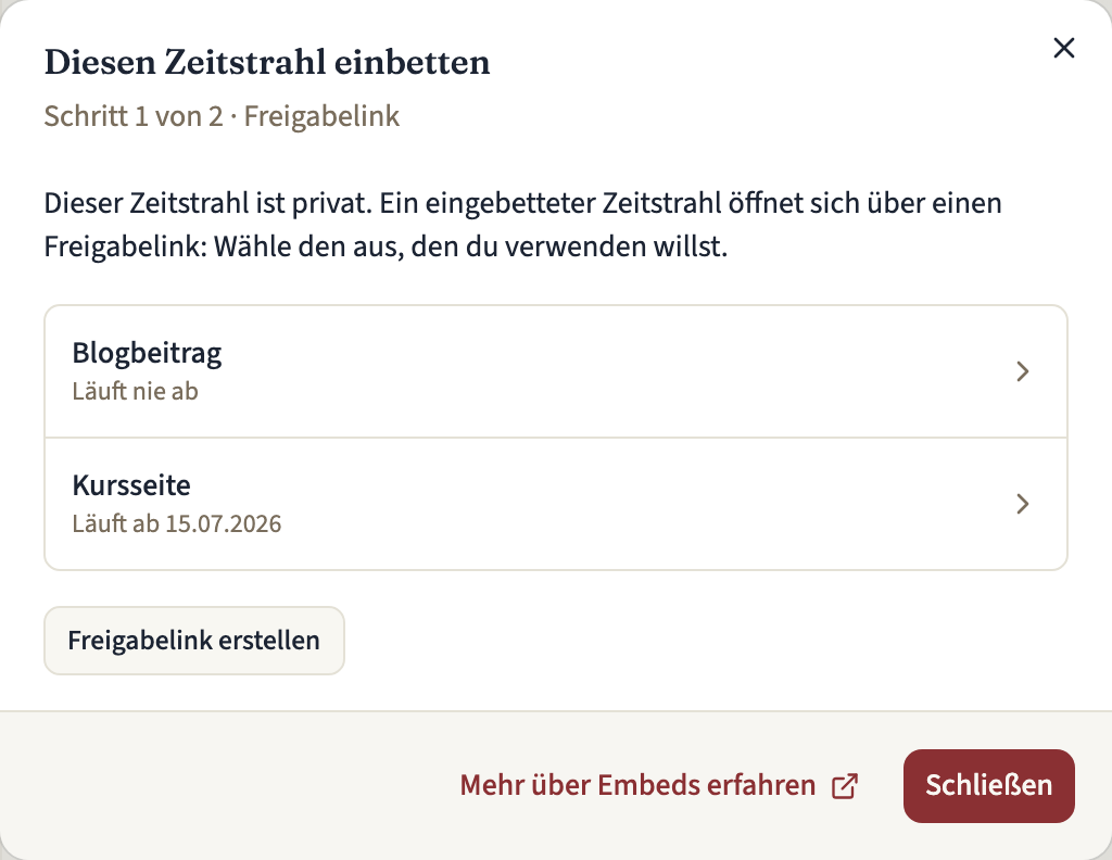 Schritt 1 von 2 im Dialog „Diesen Zeitstrahl einbetten“ für einen privaten Zeitstrahl: zwei Freigabelinks mit ihrem Ablaufdatum und der Button „Freigabelink erstellen“