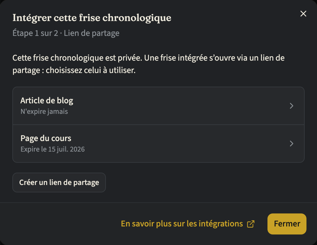 L'étape 1 sur 2 de la boîte de dialogue Intégrer cette frise chronologique pour une frise privée, avec deux liens de partage et leur expiration, et le bouton Créer un lien de partage