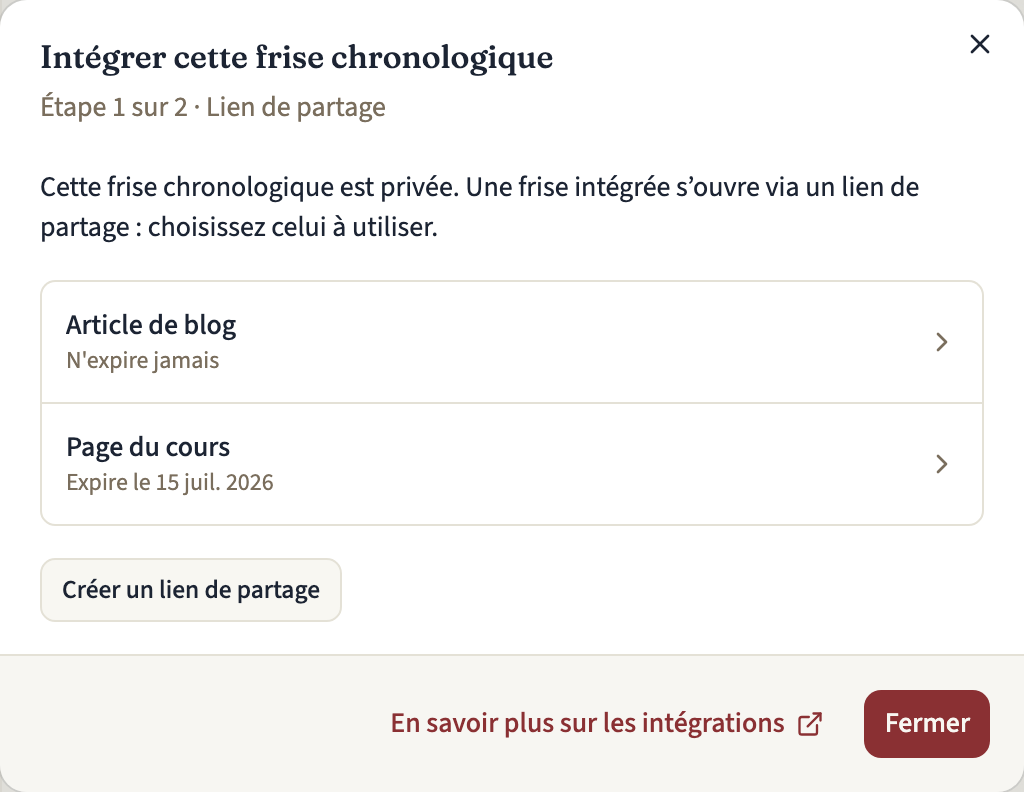 L'étape 1 sur 2 de la boîte de dialogue Intégrer cette frise chronologique pour une frise privée, avec deux liens de partage et leur expiration, et le bouton Créer un lien de partage