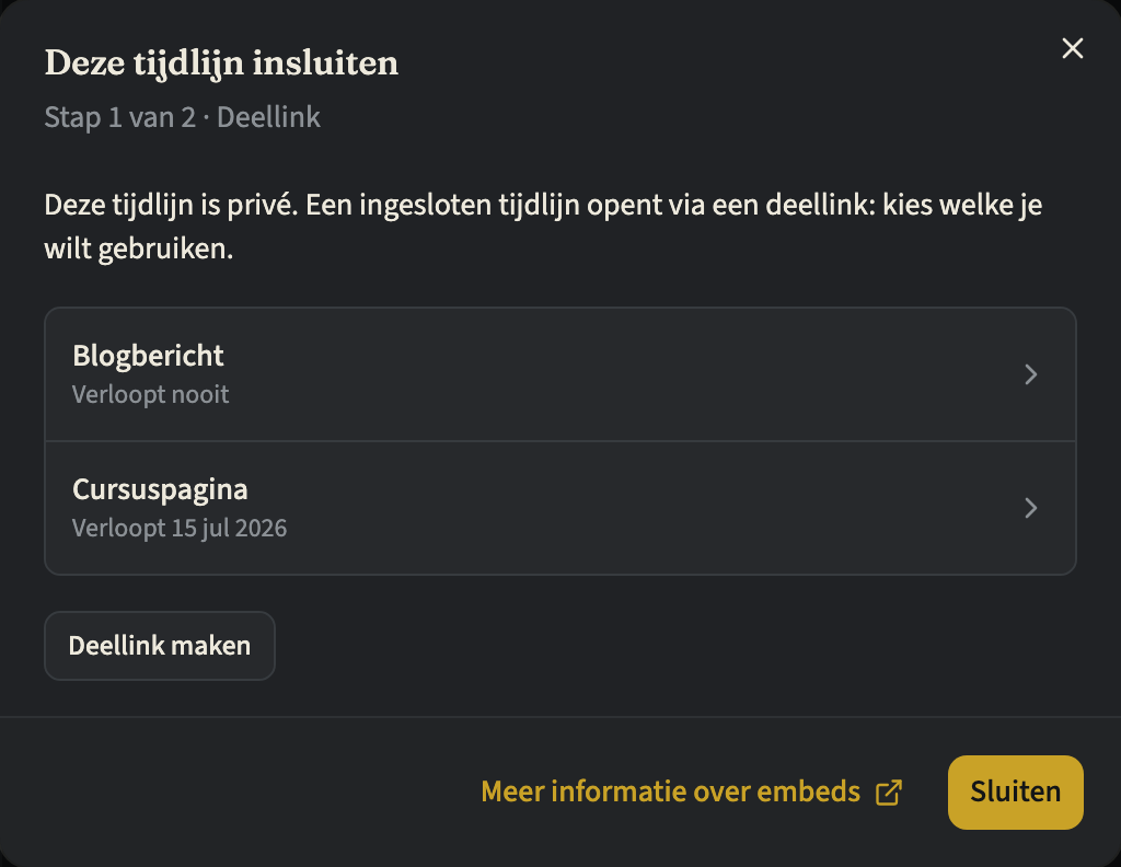 Stap 1 van 2 van het venster Deze tijdlijn insluiten voor een privétijdlijn, met twee deellinks en hun vervaldatum, en de knop Deellink maken