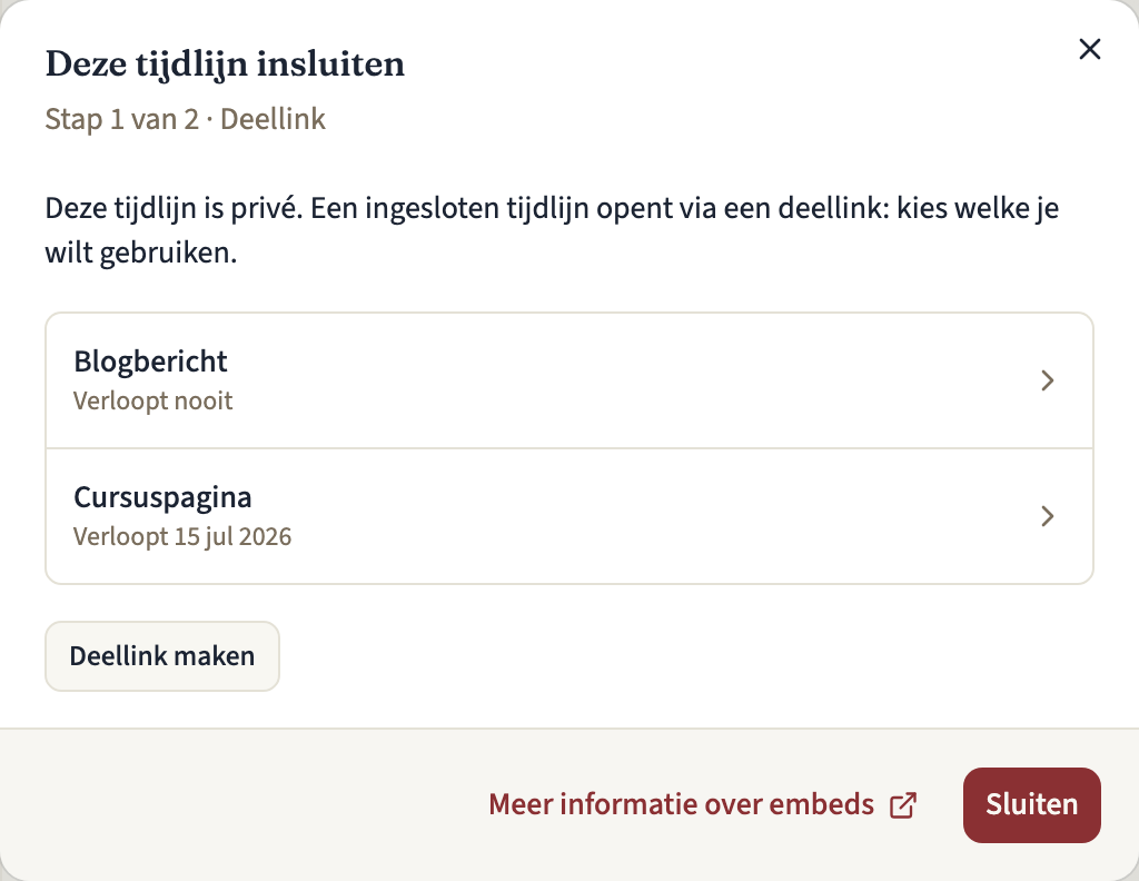 Stap 1 van 2 van het venster Deze tijdlijn insluiten voor een privétijdlijn, met twee deellinks en hun vervaldatum, en de knop Deellink maken