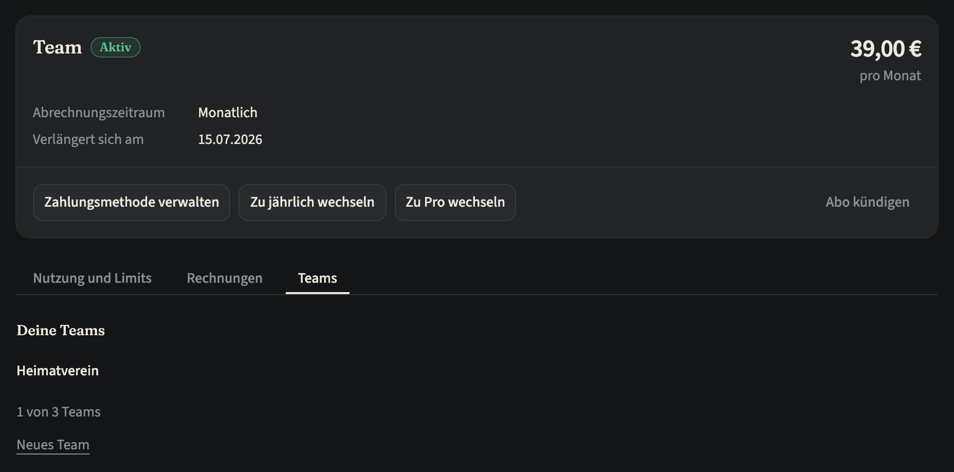 „Abo und Abrechnung“ für ein Konto im Team-Abo; der Tab „Teams“ zeigt das eine Team, das das Abo bezahlt, wie viele der drei Teams belegt sind, und den Link „Neues Team“