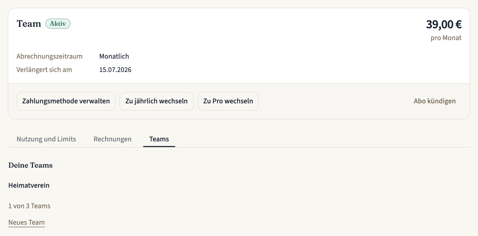 „Abo und Abrechnung“ für ein Konto im Team-Abo; der Tab „Teams“ zeigt das eine Team, das das Abo bezahlt, wie viele der drei Teams belegt sind, und den Link „Neues Team“