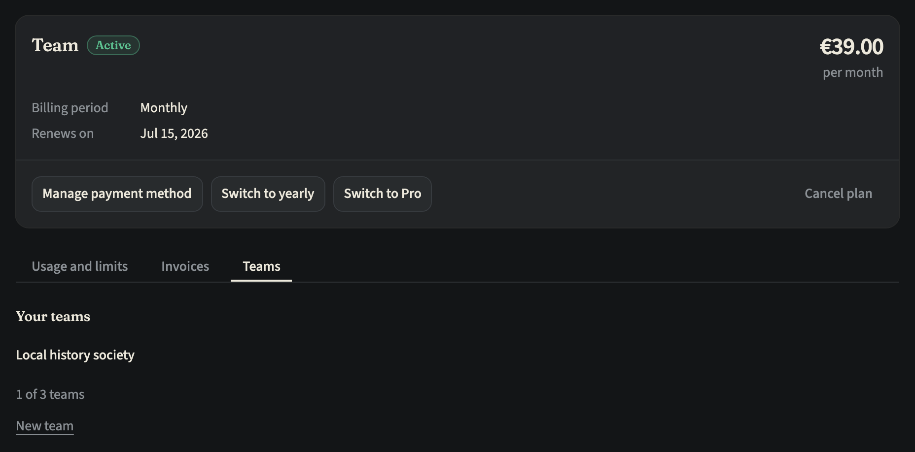 Plan and billing for an account on the Team plan, with the Teams tab listing the one team the plan pays for, how many of its three teams are in use, and a New team link
