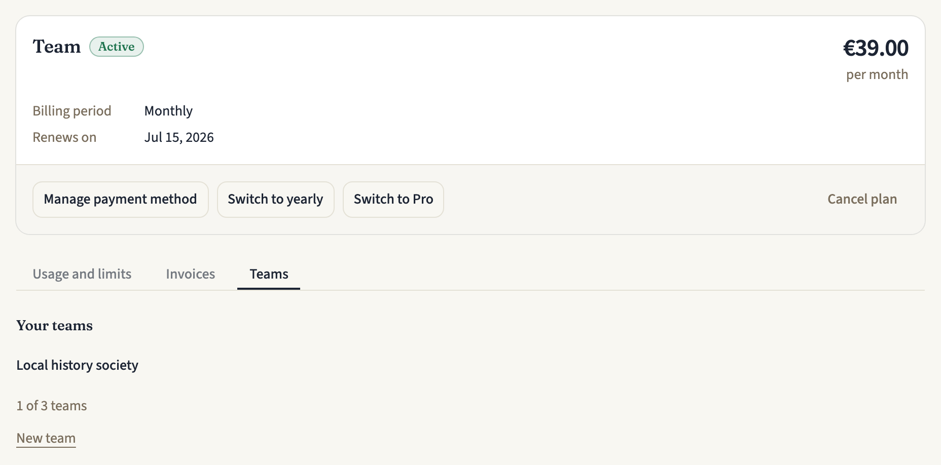 Plan and billing for an account on the Team plan, with the Teams tab listing the one team the plan pays for, how many of its three teams are in use, and a New team link