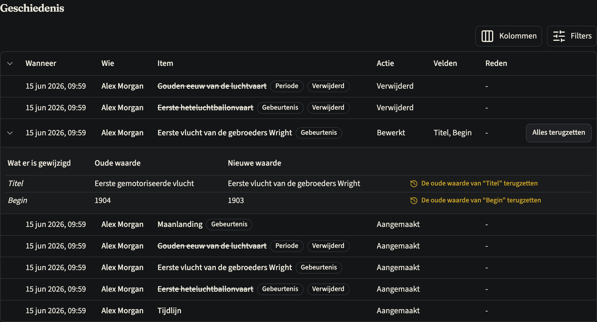 Het tabblad Geschiedenis met aangemaakte, bewerkte en verwijderde items, met één bewerking opengeklapt die de oude en nieuwe titel en het oude en nieuwe begin toont, een knop Alles terugzetten en per veld een eigen link om terug te zetten