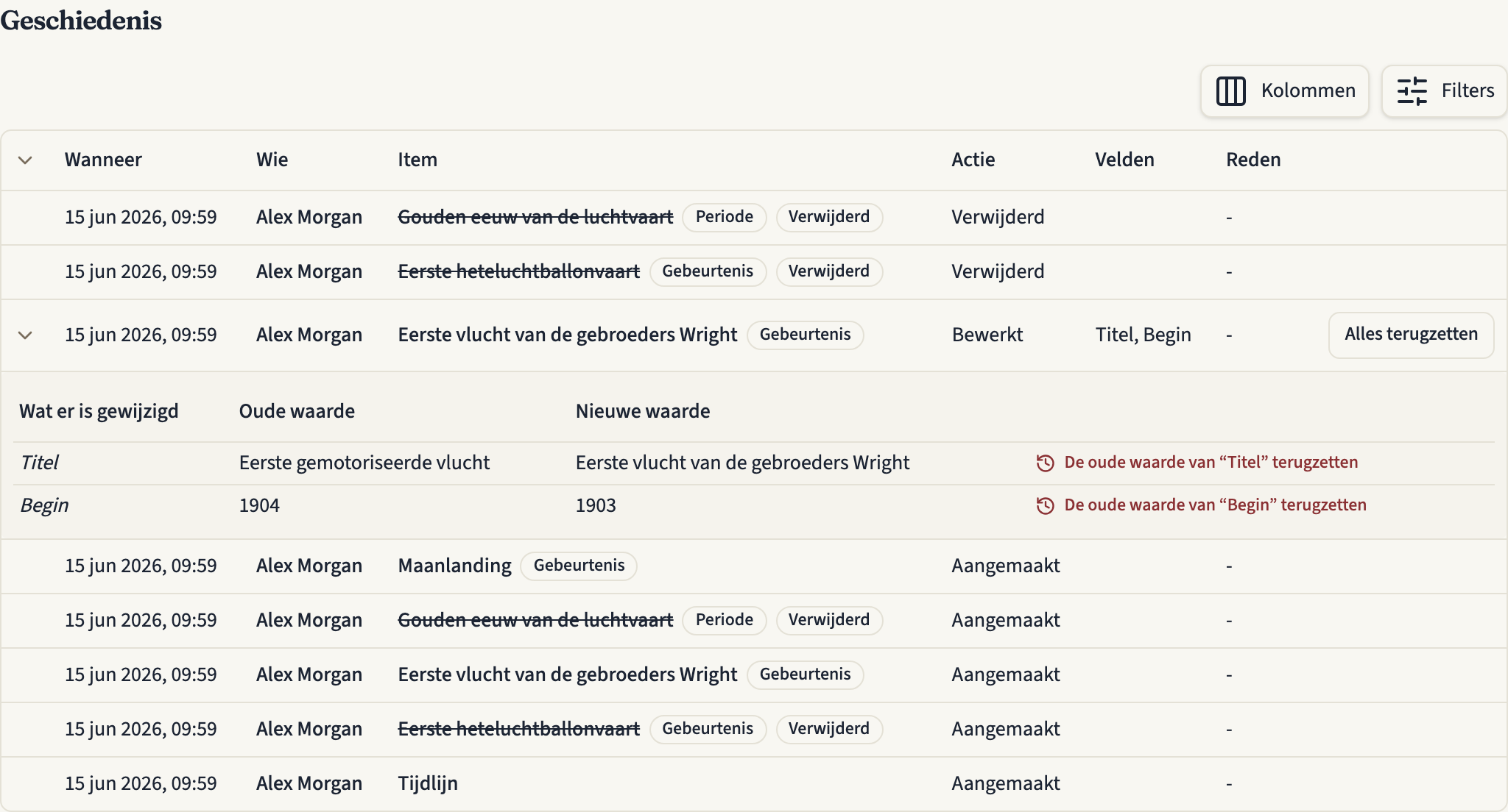 Het tabblad Geschiedenis met aangemaakte, bewerkte en verwijderde items, met één bewerking opengeklapt die de oude en nieuwe titel en het oude en nieuwe begin toont, een knop Alles terugzetten en per veld een eigen link om terug te zetten