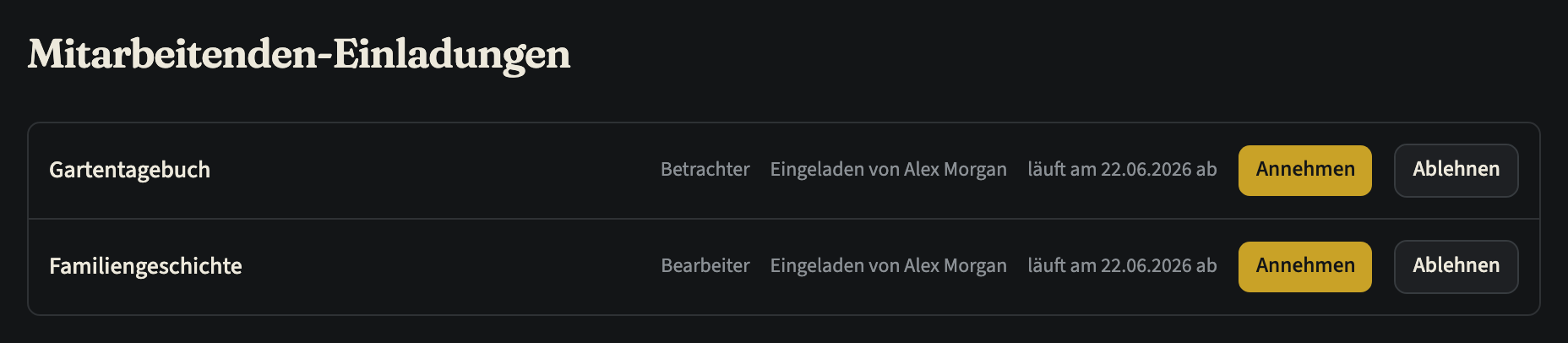 Die Seite „Mitarbeitenden-Einladungen“ mit zwei ausstehenden Einladungen, jeweils mit dem Titel des Zeitstrahls, der Rolle, wer sie geschickt hat, dem Ablaufdatum und den Buttons „Annehmen“ und „Ablehnen“