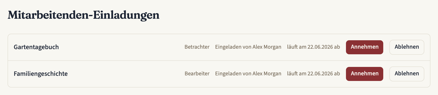 Die Seite „Mitarbeitenden-Einladungen“ mit zwei ausstehenden Einladungen, jeweils mit dem Titel des Zeitstrahls, der Rolle, wer sie geschickt hat, dem Ablaufdatum und den Buttons „Annehmen“ und „Ablehnen“