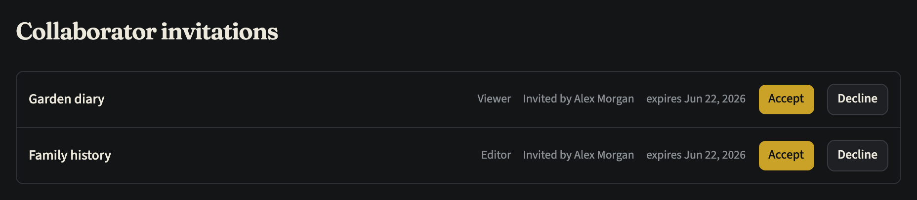 The Collaborator invitations page listing two pending invitations, each with the timeline's title, the role, who sent it, its expiry date, and Accept and Decline buttons