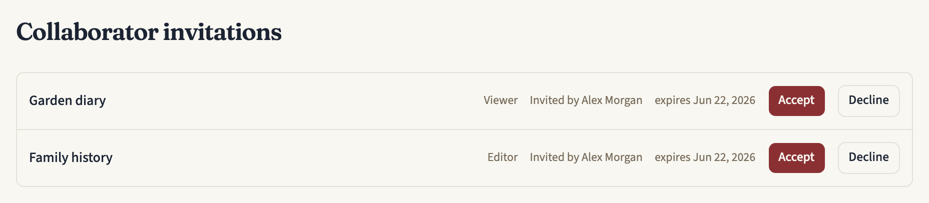 The Collaborator invitations page listing two pending invitations, each with the timeline's title, the role, who sent it, its expiry date, and Accept and Decline buttons