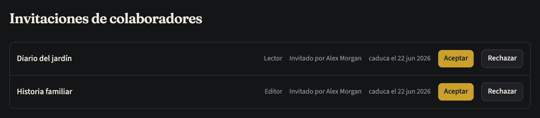 La página Invitaciones de colaboradores con dos invitaciones pendientes, cada una con el título de la línea de tiempo, el rol, quién la envió, su fecha de caducidad y los botones «Aceptar» y «Rechazar»