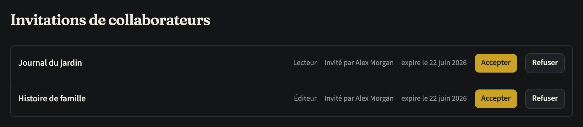 La page Invitations de collaborateurs avec deux invitations en attente, chacune avec le titre de la frise chronologique, le rôle, qui l'a envoyée, sa date d'expiration et les boutons « Accepter » et « Refuser »