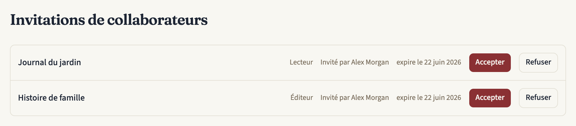 La page Invitations de collaborateurs avec deux invitations en attente, chacune avec le titre de la frise chronologique, le rôle, qui l'a envoyée, sa date d'expiration et les boutons « Accepter » et « Refuser »