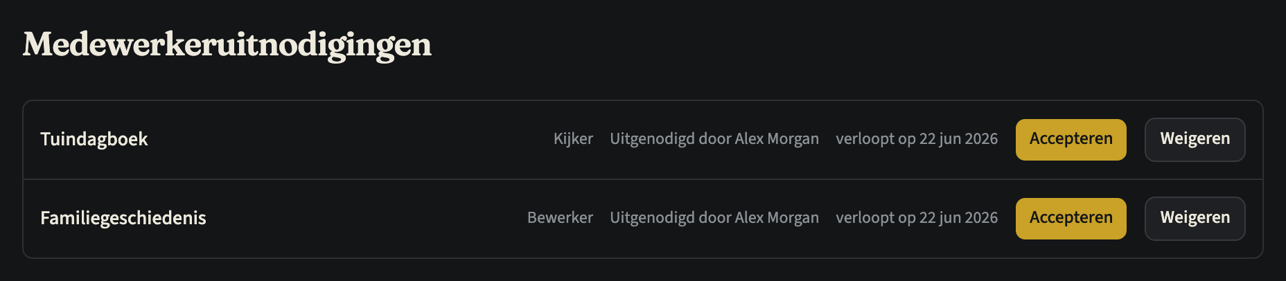 De pagina Medewerkeruitnodigingen met twee openstaande uitnodigingen, elk met de titel van de tijdlijn, de rol, wie hem stuurde, de vervaldatum en de knoppen Accepteren en Weigeren