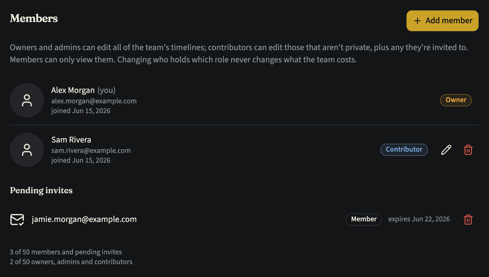 A team's Members tab with an Add member button, the owner and a contributor each with a role badge, a pending invite for a member, and how many member places and owner, admin and contributor places are in use