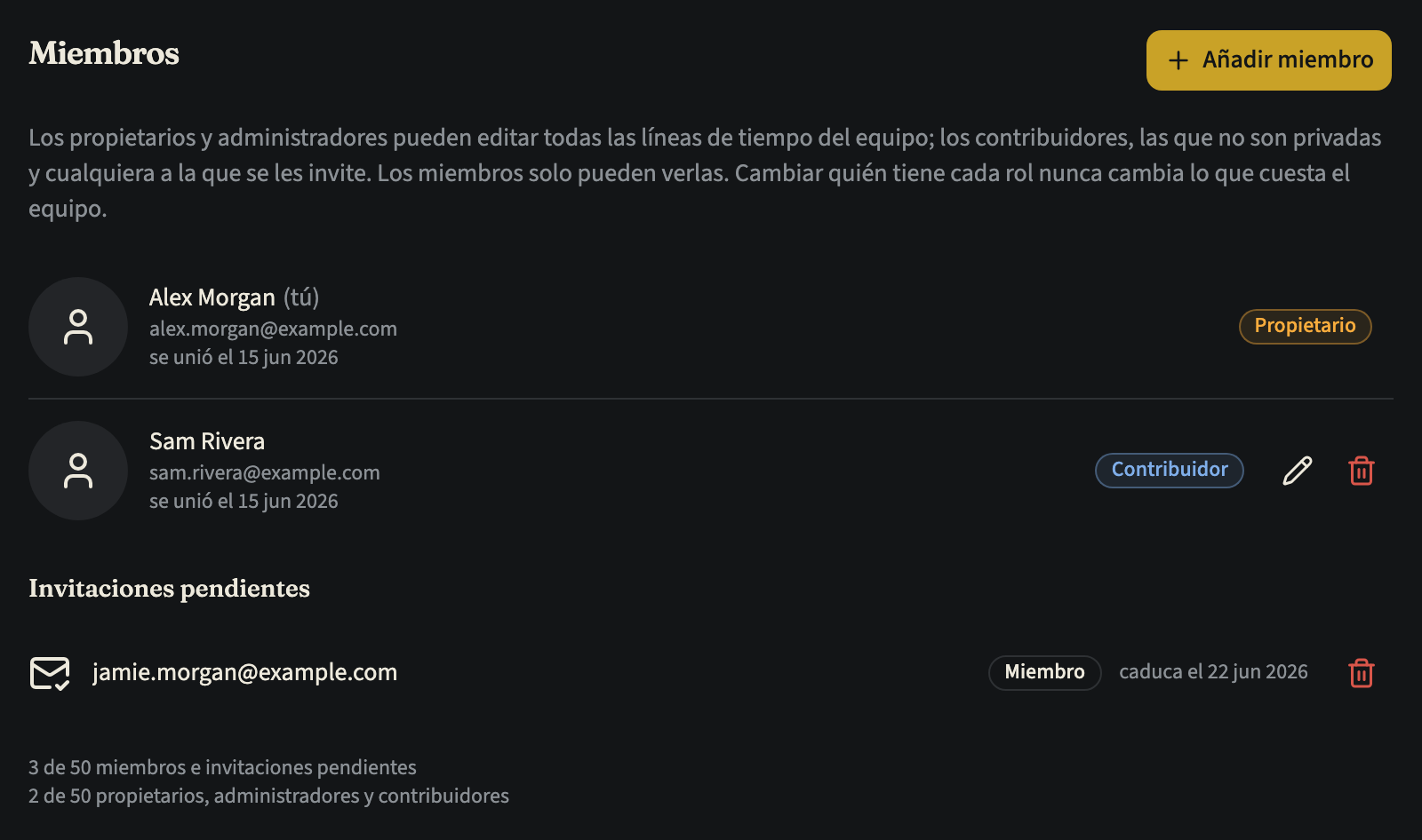 La pestaña Miembros de un equipo con el botón «Añadir miembro», el propietario y un contribuidor, cada uno con su insignia de rol, una invitación pendiente como miembro y cuántas plazas de miembros y de propietarios, administradores y contribuidores están ocupadas