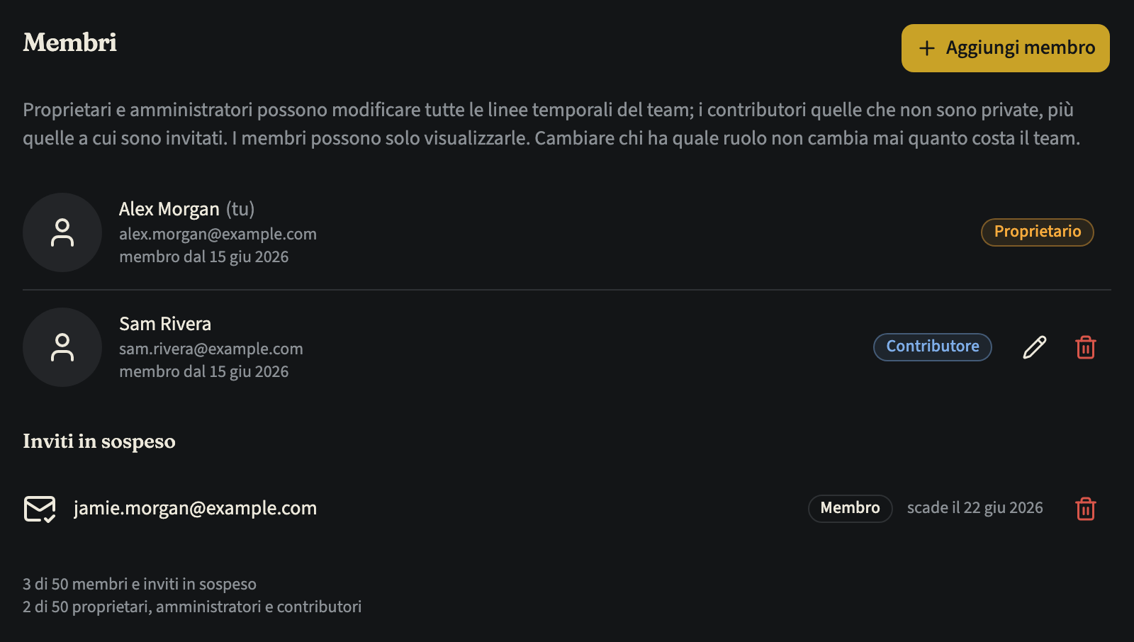 La scheda Membri di un team con il pulsante «Aggiungi membro», il proprietario e un contributore, ciascuno con il proprio badge di ruolo, un invito in sospeso come membro e quanti posti per membri e per proprietari, amministratori e contributori sono occupati