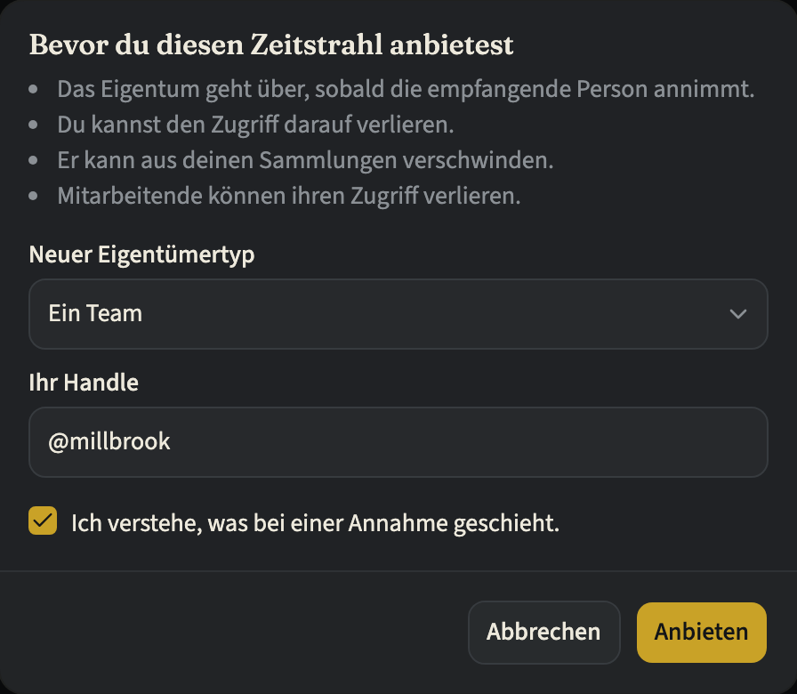 Der Dialog „Eigentum übertragen“ mit der Liste dessen, was beim Anbieten geschieht, „Ein Team“ als neuem Eigentümertyp, dem eingegebenen Handle des Teams, der angehakten Bestätigung und den Buttons „Abbrechen“ und „Anbieten“