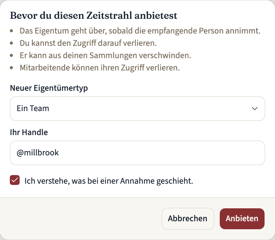 Der Dialog „Eigentum übertragen“ mit der Liste dessen, was beim Anbieten geschieht, „Ein Team“ als neuem Eigentümertyp, dem eingegebenen Handle des Teams, der angehakten Bestätigung und den Buttons „Abbrechen“ und „Anbieten“