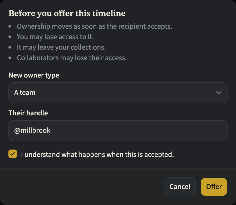 The Transfer ownership dialog listing what happens when you offer the timeline, with A team chosen as the new owner type, the team's handle entered, the acknowledgement ticked, and Cancel and Offer buttons